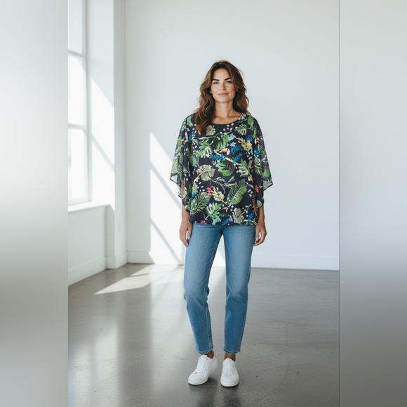 Chico's Tops - Chico's Tropical Sheer Poncho  Cover-up Top Size Sm/Med Colorful Birds